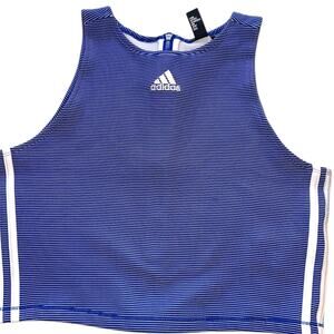 Adidas Blue Striped High Neck Crop Tank Top Athletic Zip Back Size XL
